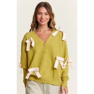In The Beginning Lime Bow Detail Cardigan Sweater Size  L
